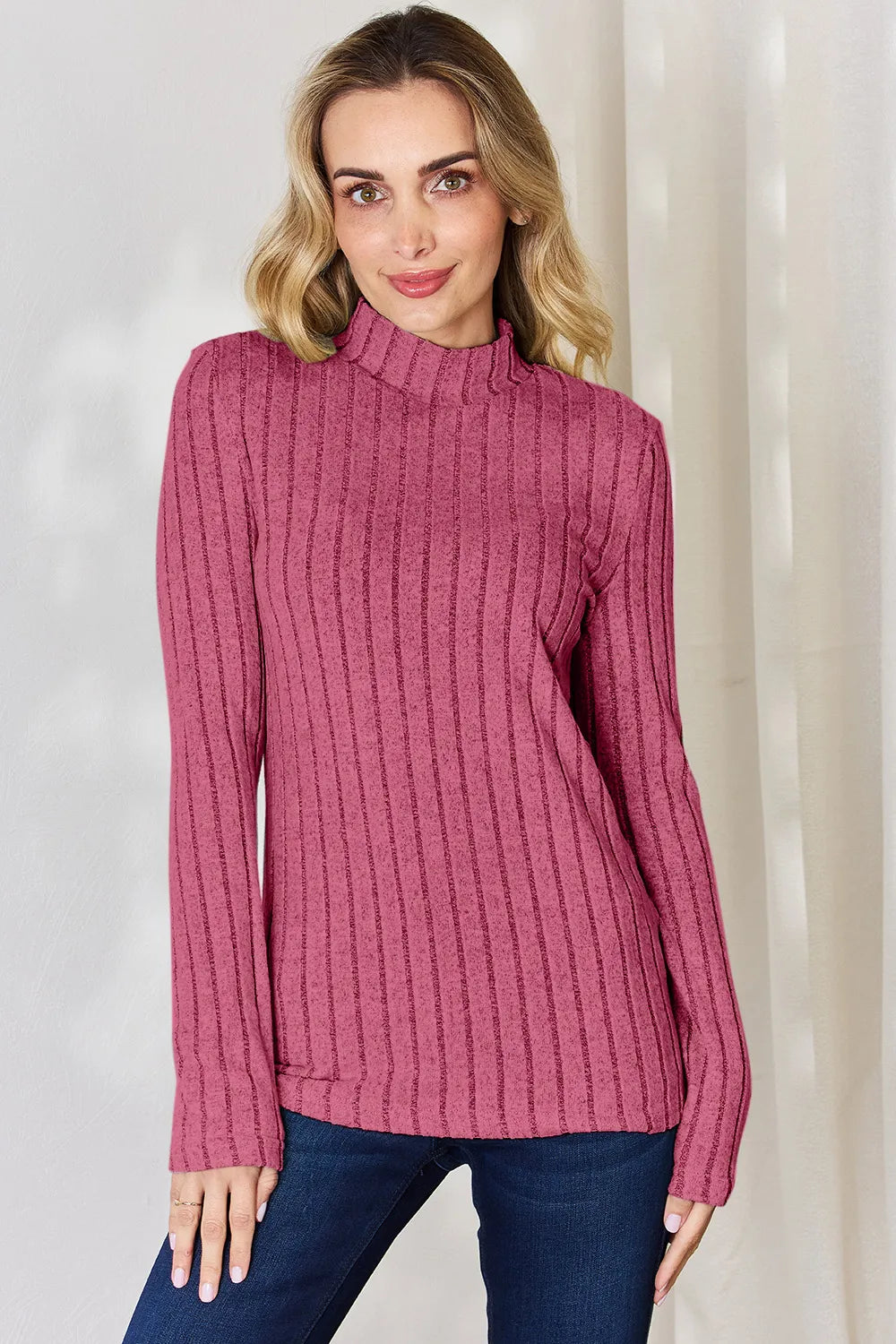 Hot pink Basic Bae ribbed mock neck long sleeve T-shirt by Trendsi, full size, showing close-up of fabric texture and fit.