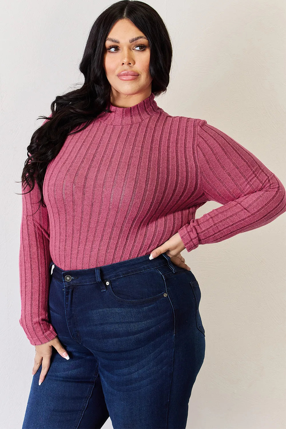 Hot pink Basic Bae ribbed mock neck long sleeve T-shirt by Trendsi, full size, close-up of fabric and fitted style.