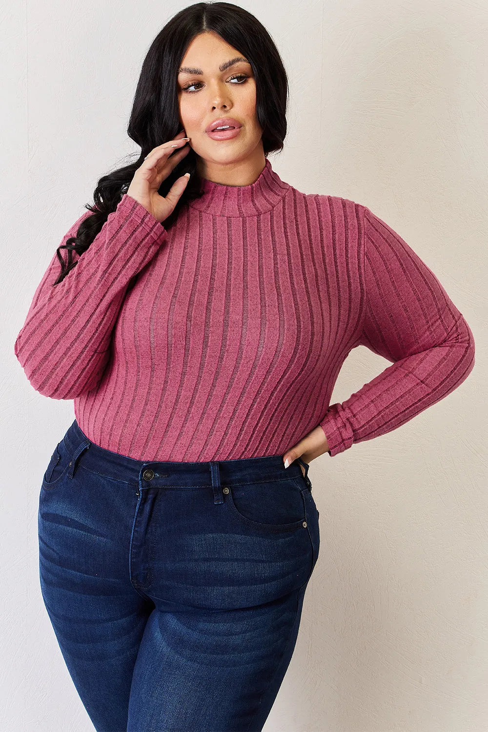 Trendi Basic Bae Pink Ribbed Mock Neck Long Sleeve T-Shirt, full size, soft fabric, close-up of the fitted mock neck style.
