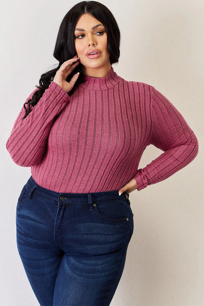 Trendi Basic Bae Pink Ribbed Mock Neck Long Sleeve T-Shirt, full size, soft fabric, close-up of the fitted mock neck style.