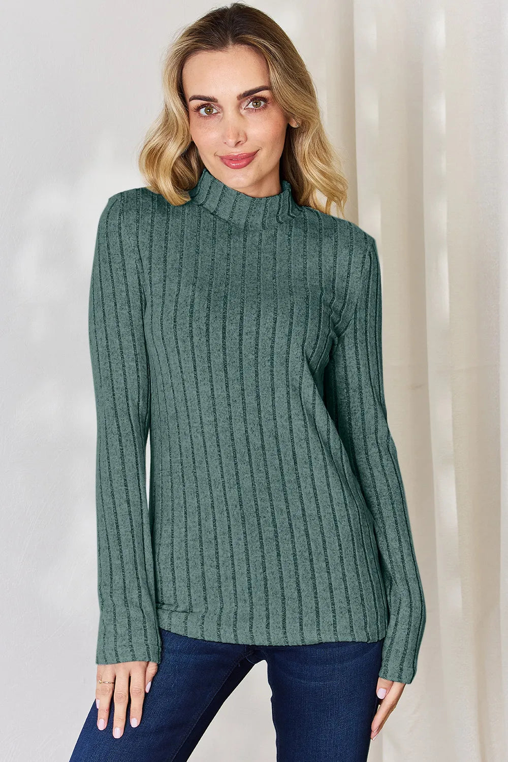 Trendsi Basic Bae hot pink ribbed mock neck long sleeve T-shirt, full size, close-up of the fitted knit fabric and mock neck collar.