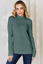 Trendsi Basic Bae hot pink ribbed mock neck long sleeve T-shirt, full size, close-up of the fitted knit fabric and mock neck collar.