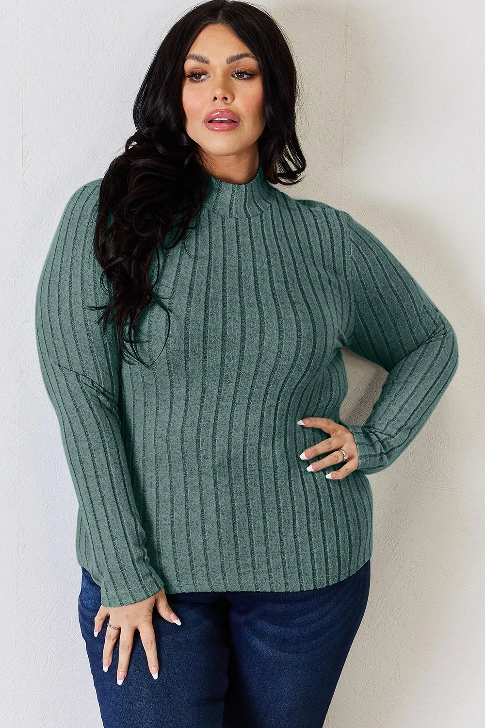 Hot pink Basic Bae ribbed mock neck long sleeve T-shirt by Trendsi, full size, close-up of fitted ribbed fabric and mock neckline.