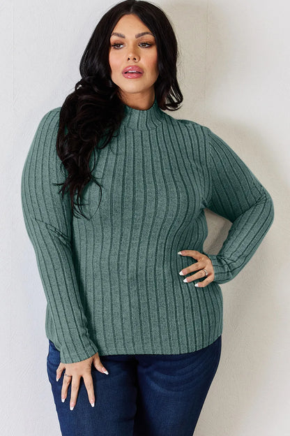 Hot pink Basic Bae ribbed mock neck long sleeve T-shirt by Trendsi, full size, close-up of fitted ribbed fabric and mock neckline.