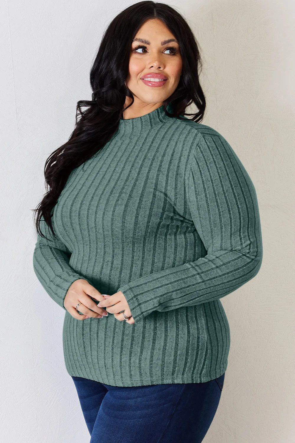 Hot pink Trendsi Basic Bae ribbed mock neck long sleeve T-shirt, full size, close-up of fabric and neckline details.
