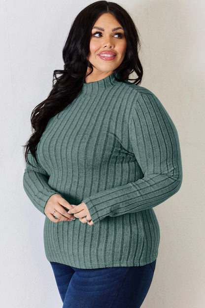 Hot pink Trendsi Basic Bae ribbed mock neck long sleeve T-shirt, full size, close-up of fabric and neckline details.