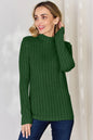 Hot pink Trendsi Basic Bae long sleeve ribbed mock neck T-shirt, full size, close-up of fabric and neckline detail.