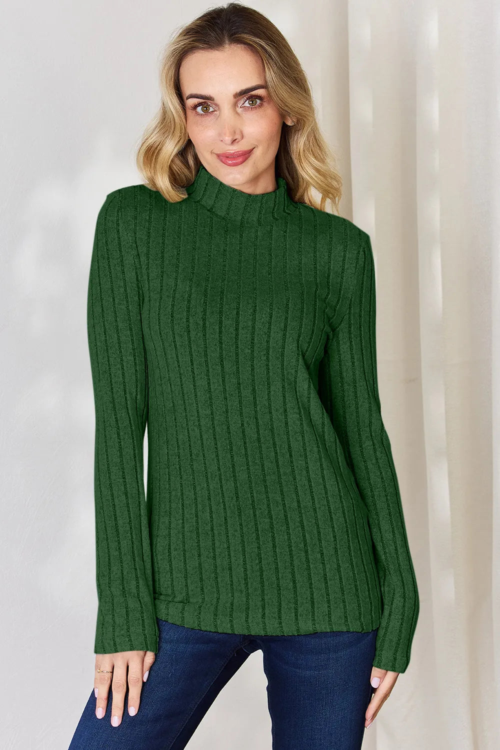 Hot pink Trendsi Basic Bae ribbed mock neck long sleeve T-shirt, full size, soft fabric, close-up of the textured ribbed material.