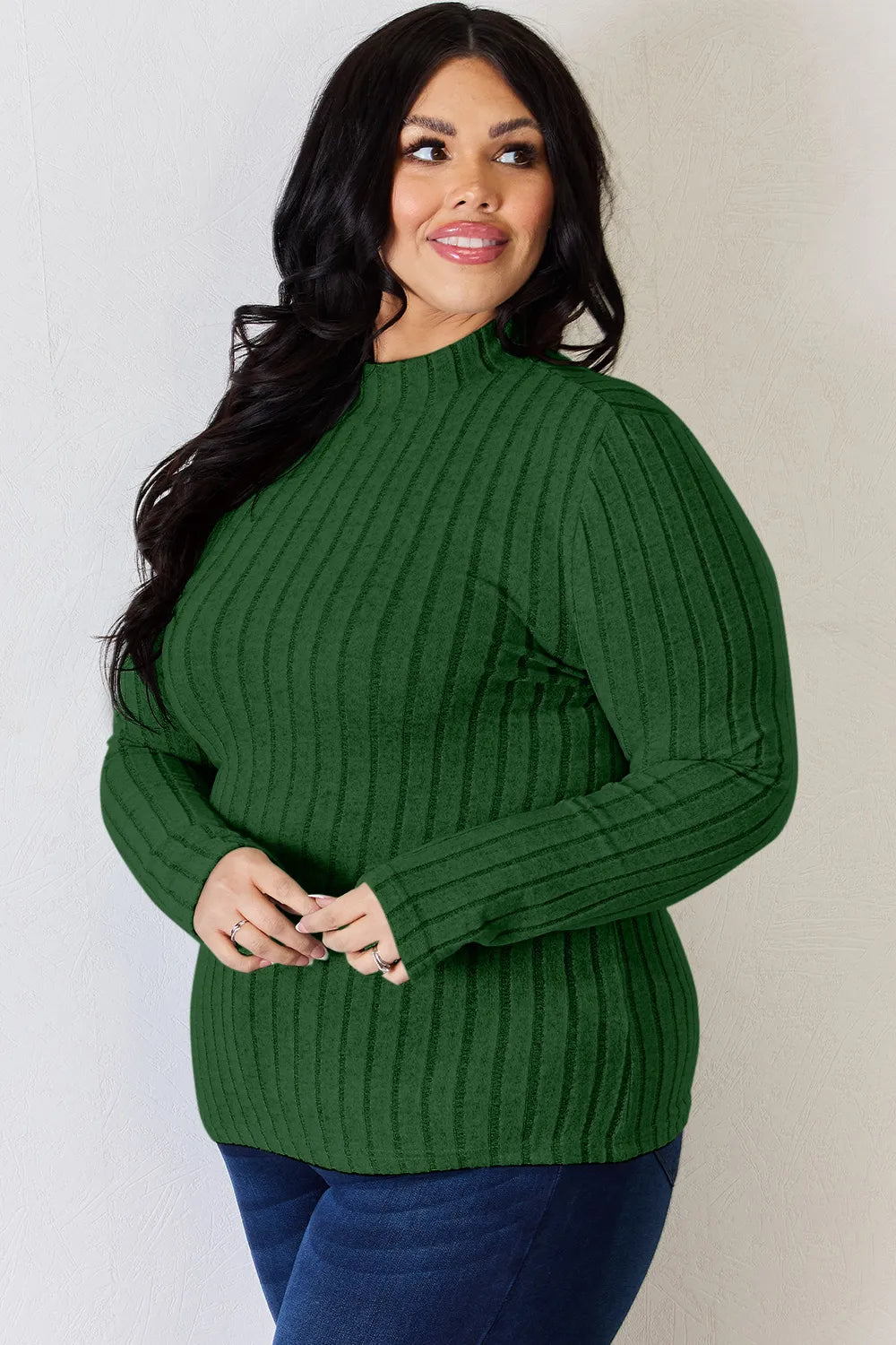 Hot pink Trendsi Basic Bae ribbed mock neck long sleeve T-shirt, full size, close-up showing fabric texture and fitted style.