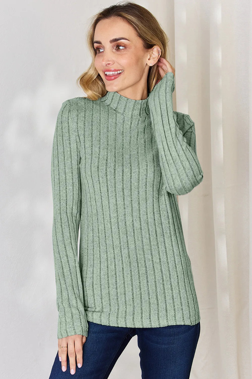Hot pink Trendsi Basic Bae ribbed mock neck long sleeve T-shirt, full size, soft fabric, close-up of the fitted design.