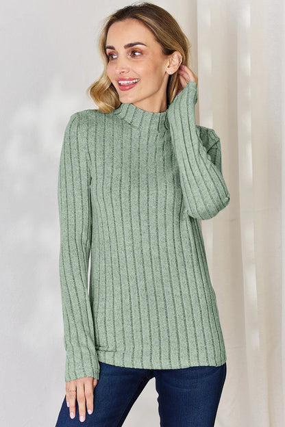 Hot pink Trendsi Basic Bae ribbed mock neck long sleeve T-shirt, full size, soft fabric, close-up of the fitted design.