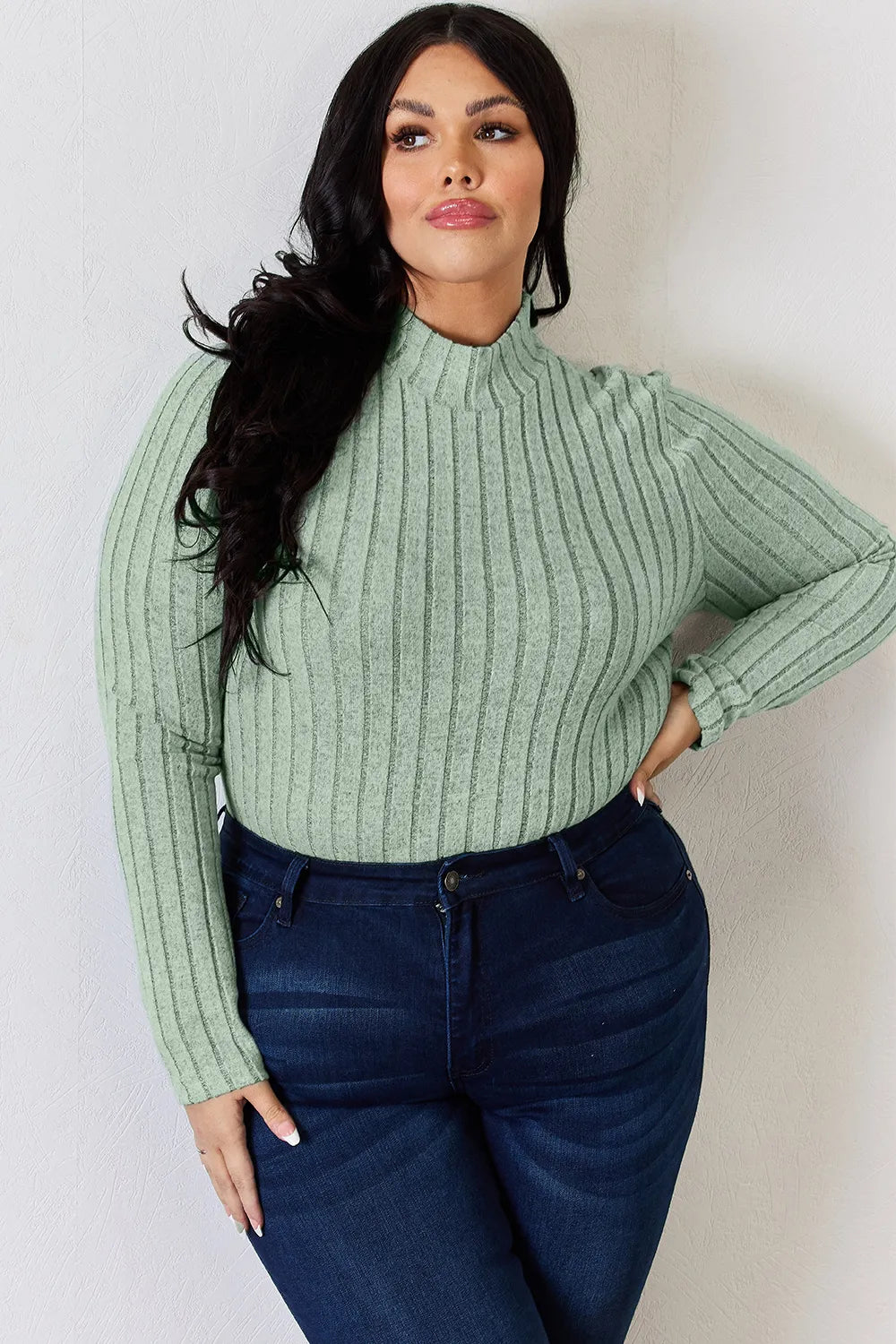 Hot pink Trendsi Basic Bae full-size ribbed mock neck long sleeve t-shirt displayed on a model.