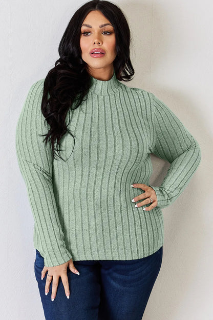 Hot pink Trendsi Basic Bae ribbed mock neck long sleeve T-shirt, full size, showing close-up of fabric texture and fit.