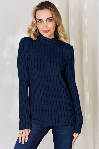 Hot pink Trendsi Basic Bae ribbed mock neck long sleeve T-shirt, full size, close-up of fabric and neckline detail.