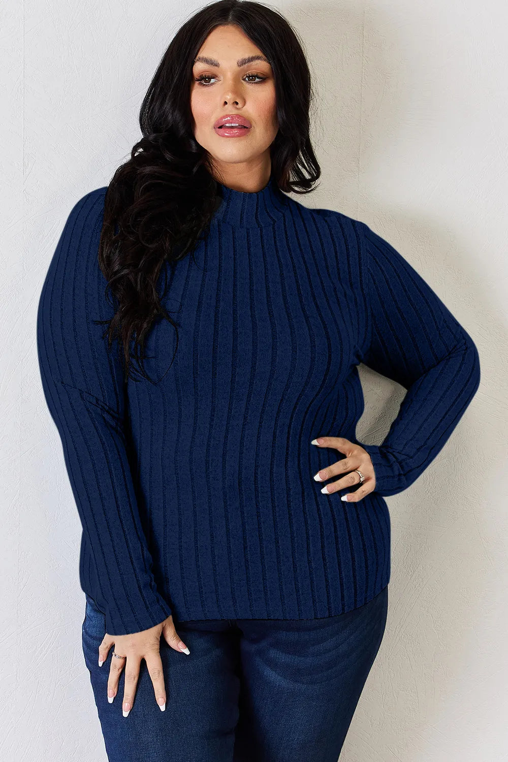 Hot pink Trendsi Basic Bae full-size ribbed mock neck long sleeve T-shirt, showing the fitted ribbed fabric and mock neckline.