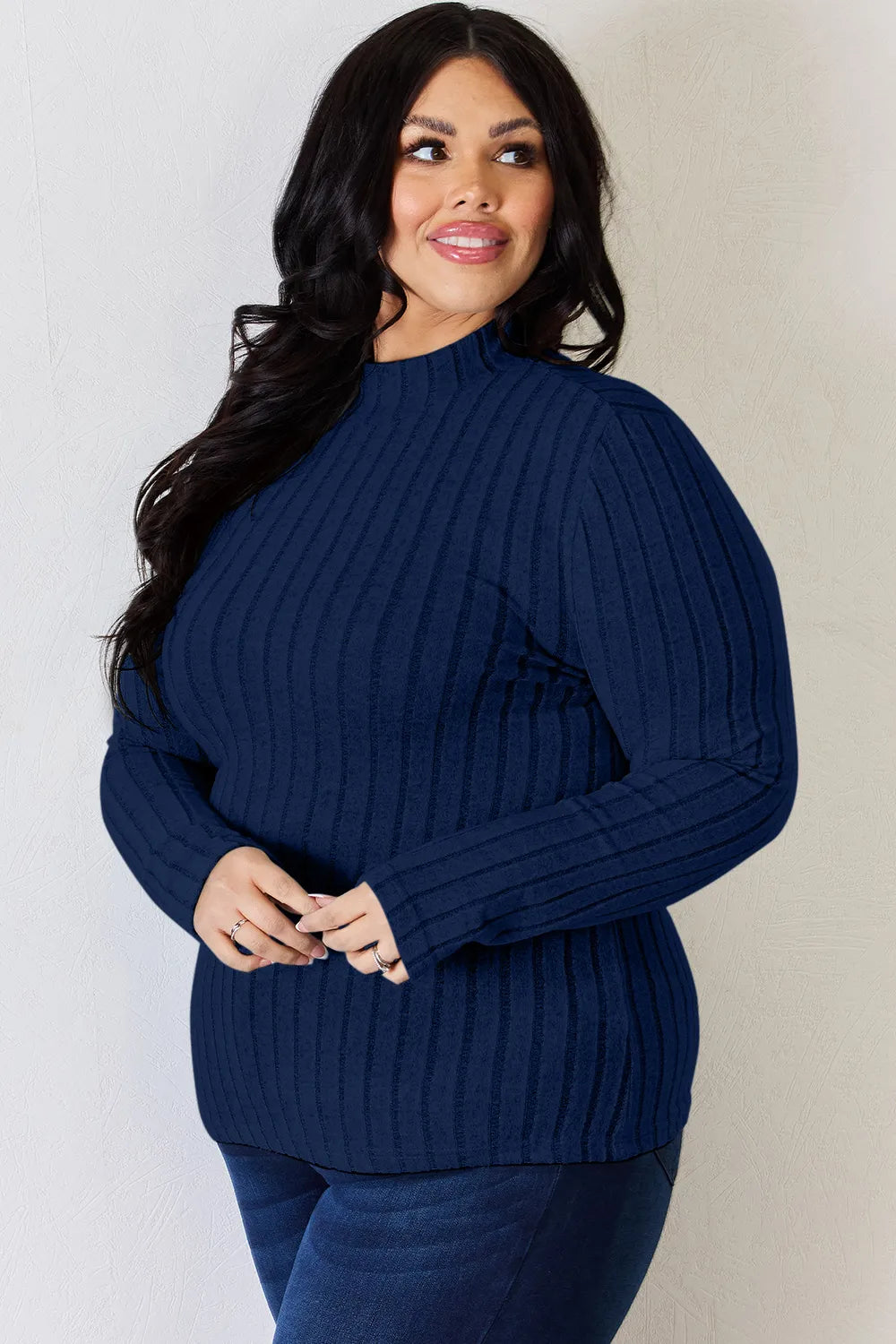 Hot pink Trendsi Basic Bae ribbed mock neck long sleeve T-shirt, full size, close-up view of fabric and neckline.