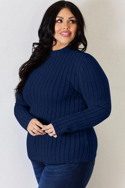 Hot pink Trendsi Basic Bae ribbed mock neck long sleeve T-shirt, full size, close-up view of fabric and neckline.