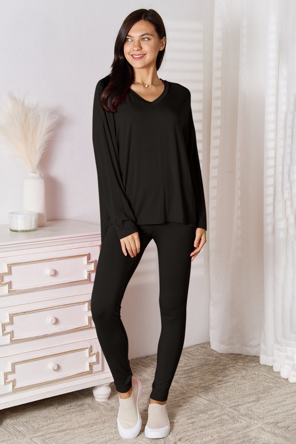 Trendsi hot pink Basic Bae lounge set with V-neck soft rayon long sleeve top and matching pants, comfortable loungewear for women.