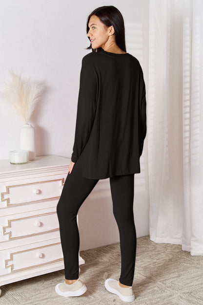 Trendsi Basic Bae pink lounge set with V-neck long sleeve top and matching soft rayon pants, comfortable loungewear for relaxing.