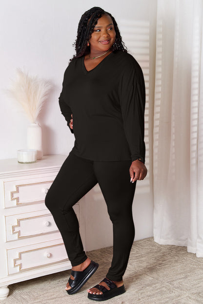 Trendsi Basic Bae pink lounge set with V-neck long sleeve top and matching soft rayon pants for comfortable casual wear