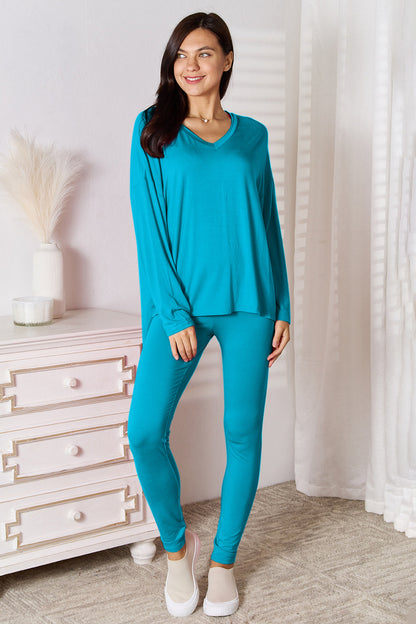 Trendsi hot pink Basic Bae lounge set with V-neck soft rayon long sleeve top and matching pants, cozy and comfortable sleepwear.