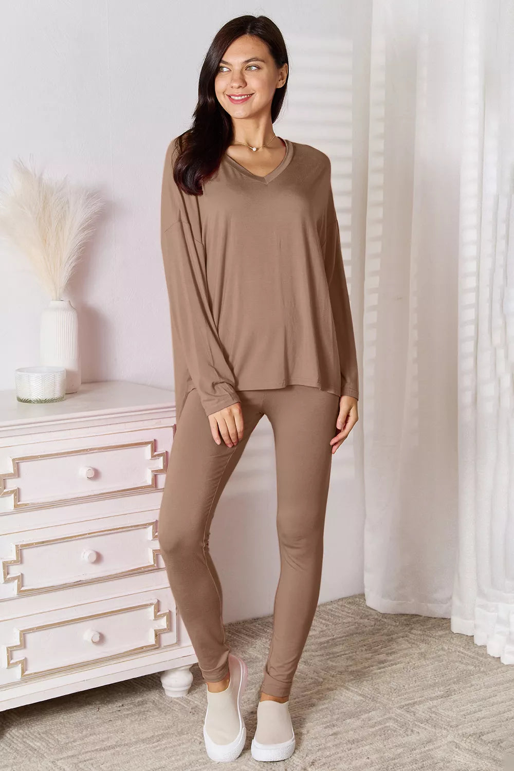 Trendsi hot pink Basic Bae lounge set with V-neck long sleeve top and matching pants made of soft rayon fabric for comfortable wear