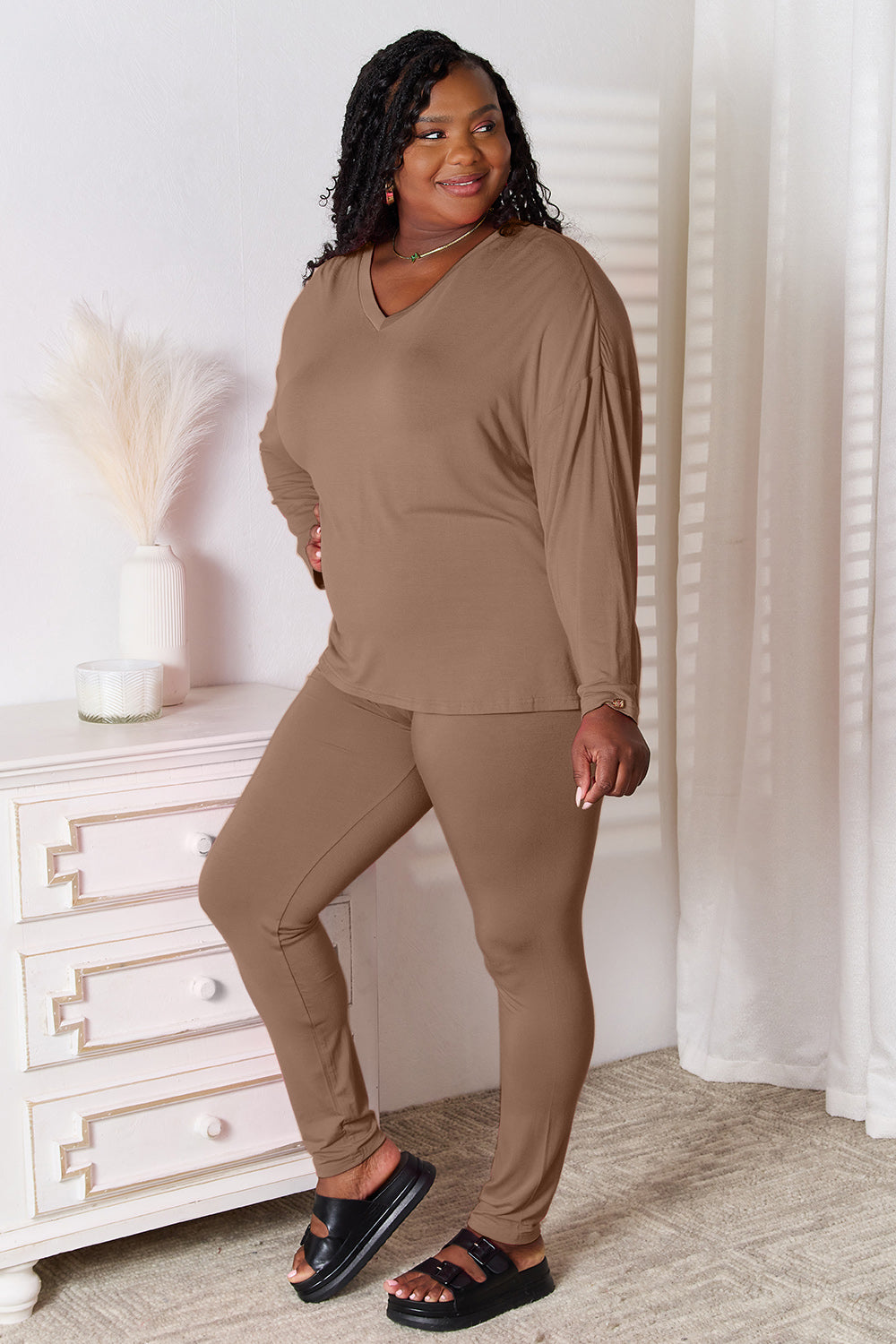 Trendsi hot pink Basic Bae lounge set with V-neck soft rayon long sleeve top and matching pants, comfortable and stylish.