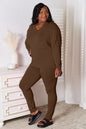 Trendsi hot pink Basic Bae lounge set with V-neck long sleeve top and matching soft rayon pants, perfect for relaxed wear.