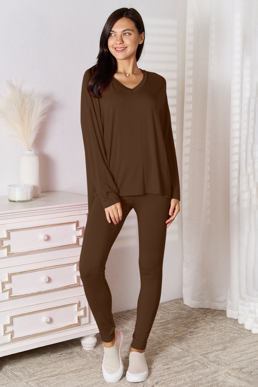 Trendsi hot pink Basic Bae lounge set with V-neck long sleeve top and matching soft rayon pants, comfortable and stylish.