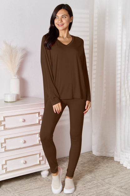 Trendsi hot pink Basic Bae lounge set with V-neck long sleeve top and matching soft rayon pants, comfortable and stylish.