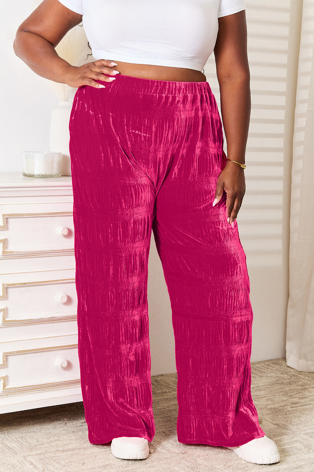 Hot pink Trendsi double take high waist velvet wide leg pants with tiered shirring and a full-size fit.