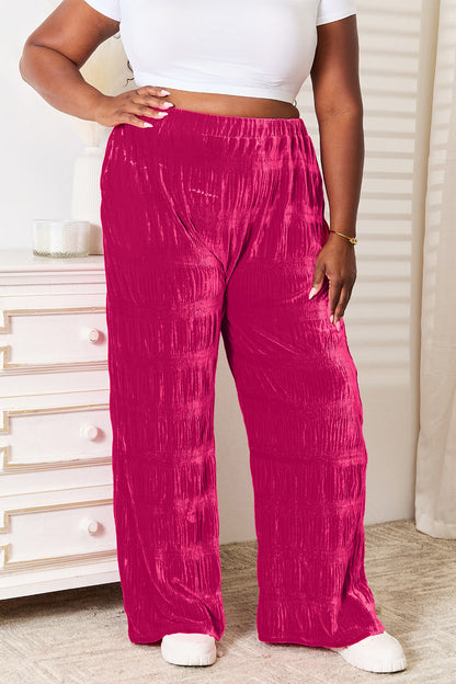 Hot pink Trendsi double take high waist velvet wide leg pants with tiered shirring and a full-size fit.