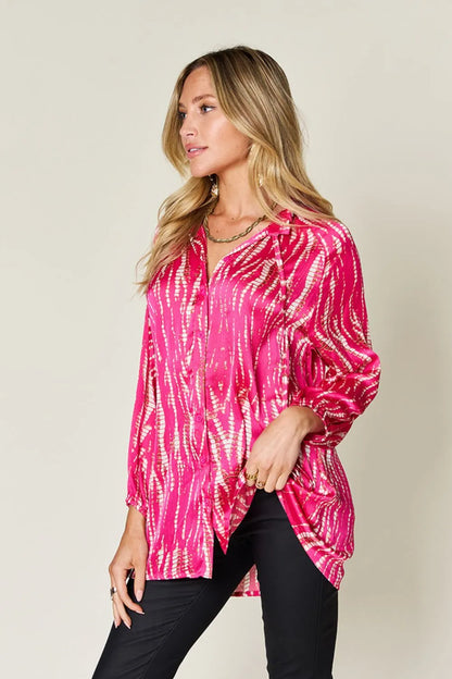 Hot pink Trendsi double take long sleeve printed button-up shirt with full-size design, casual and stylish for women.