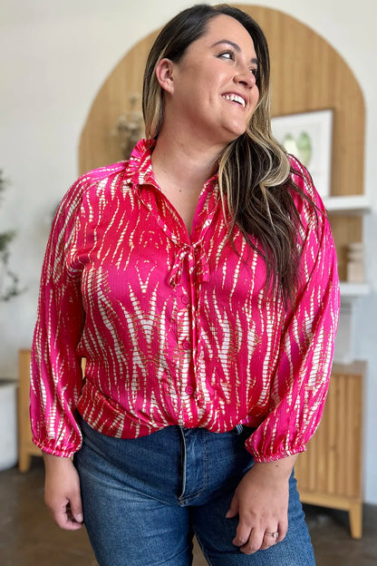 Hot pink double take printed long sleeve button-up shirt by Trendsi, full size, stylish design, shown on a model.