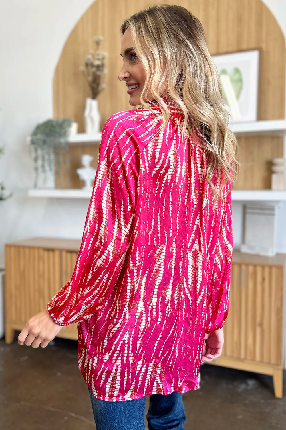 Hot pink Trendsi Double Take long sleeve printed button-up shirt with full-size floral pattern on lightweight fabric.