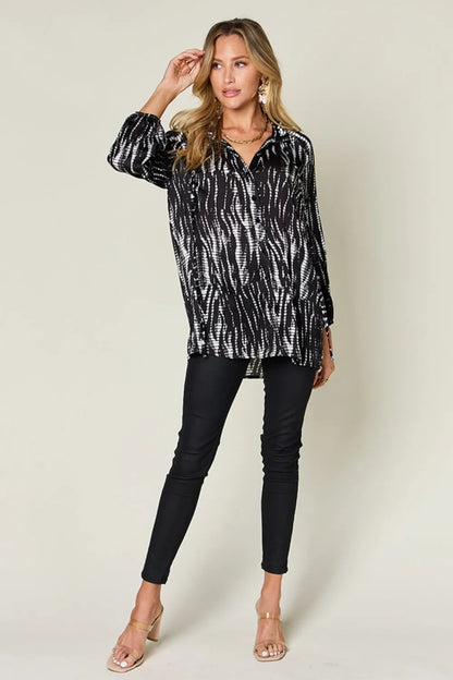 Hot pink Trendsi Double Take full-size printed button-up long sleeve shirt with bold pattern and classic collar.
