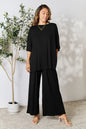 Trendsi hot pink double take full size round neck slit top and matching pants set, stylish and comfortable women's outfit.