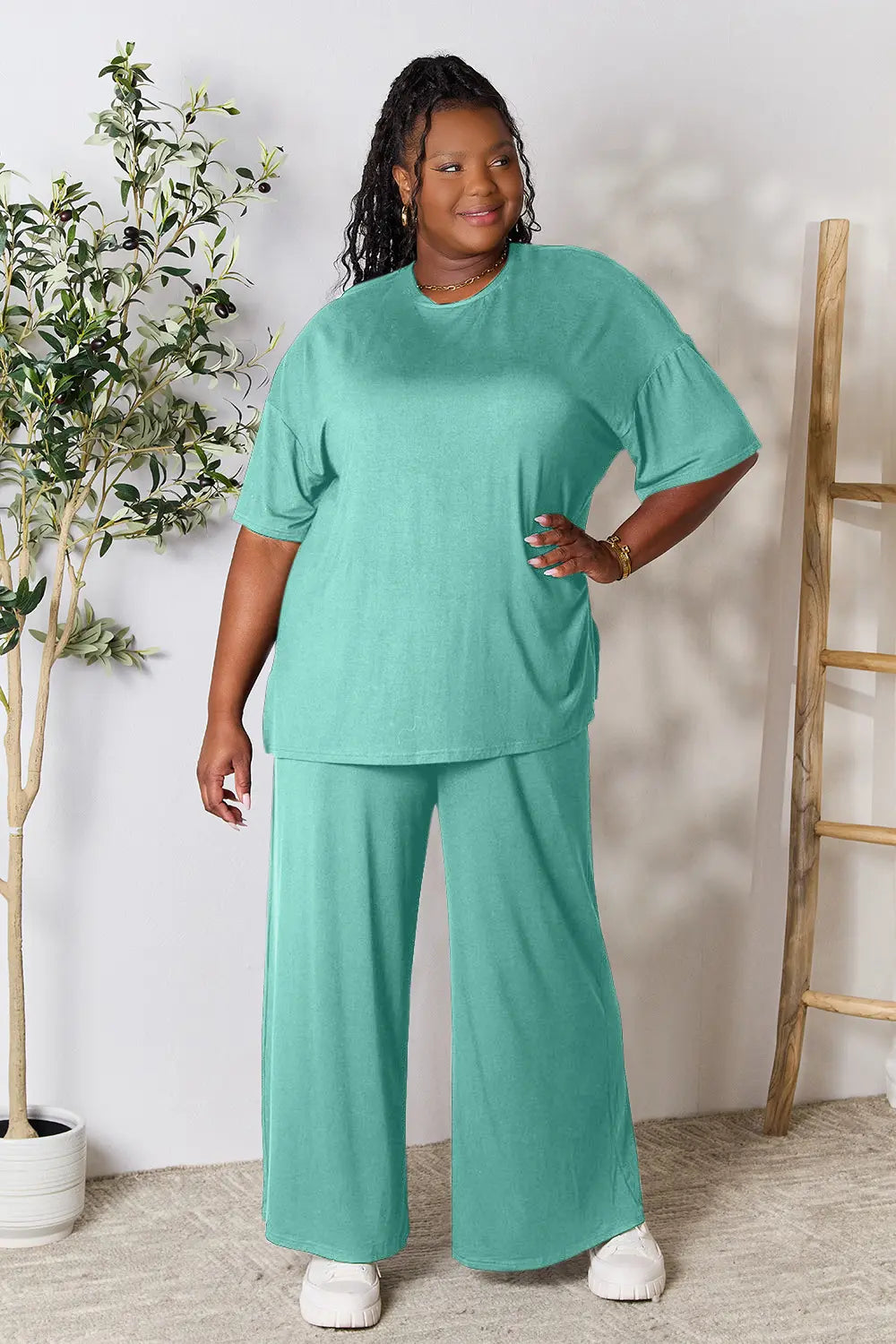 Trendsi hot pink double take full-size round neck slit top and matching pants set, stylish and comfortable women's outfit.