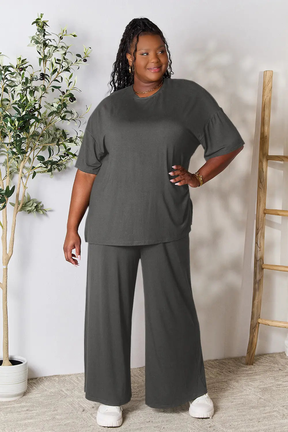 Trendsi hot pink double take full size round neck slit top and matching pants set, casual and stylish fashion ensemble.