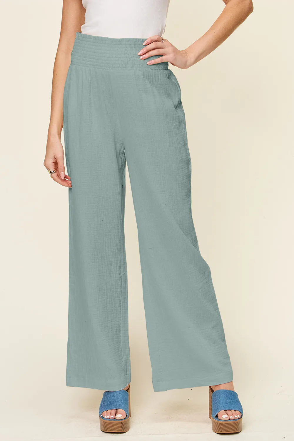 Hot pink double take full size wide-leg pants with textured fabric and smocked waist from Trendsi