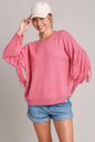 Trendsi Umgee plus size hot pink fringe round neck long sleeve sweater, full size, cozy and stylish women's knitwear.