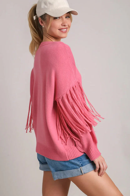 Hot pink plus size Umgee fringe round neck long sleeve sweater with a cozy fit and stylish design.