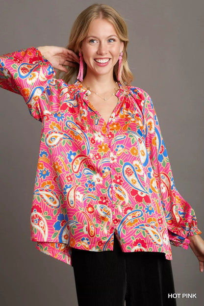 Plus size pink satin paisley ruffle neck button-up shirt by Umgee, featuring a stylish ruffle detail and full size fit.