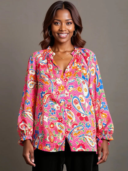 Plus size Umgee satin paisley button-up shirt with ruffle neck in hot pink, featuring a stylish collar and full-size fit.