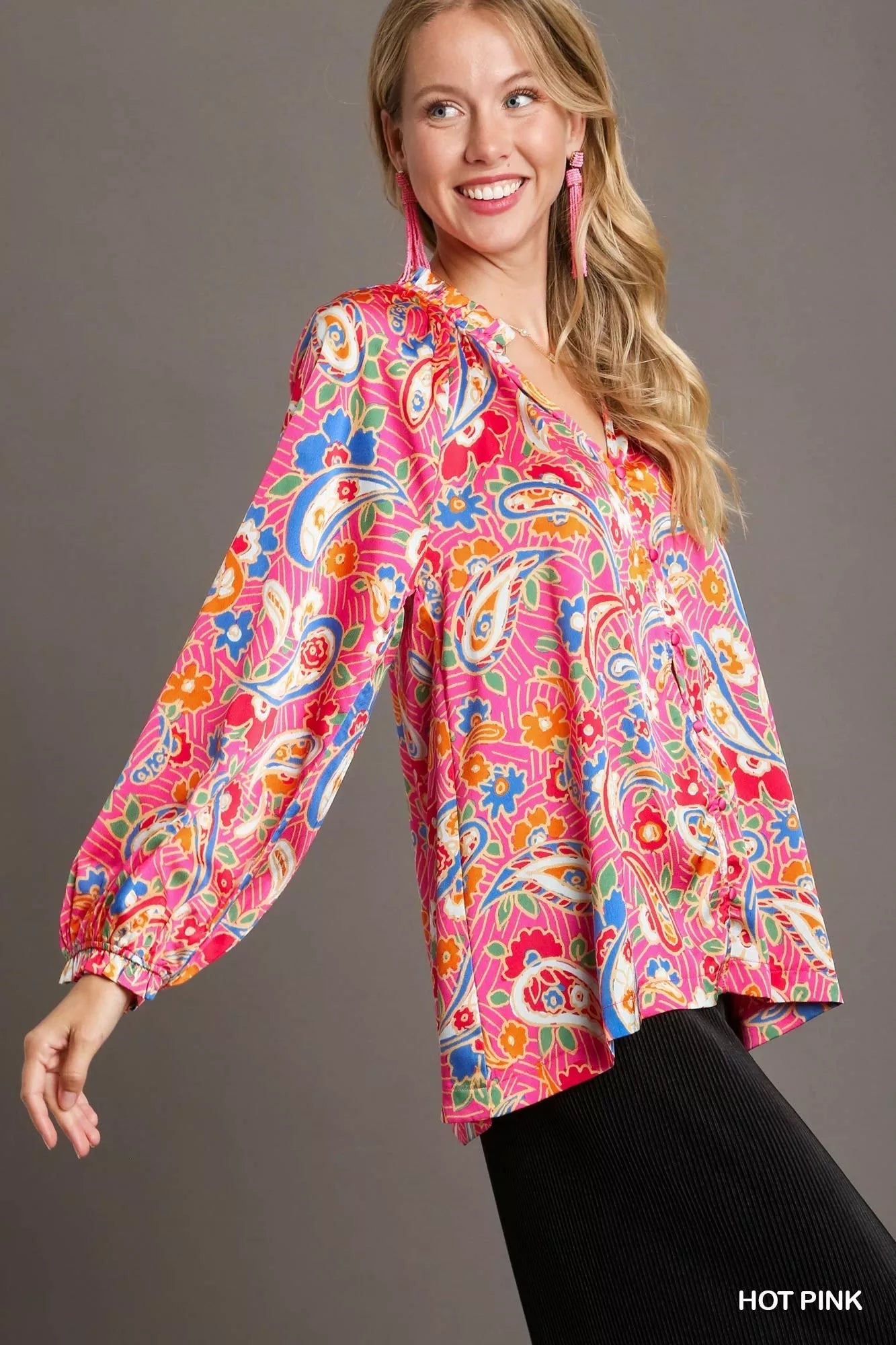 Plus size Trendsi Umgee satin paisley button-up shirt with ruffle-neck detail in hot pink, full size, stylish and comfortable.