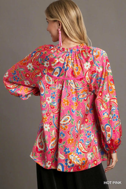 Plus size pink satin paisley ruffle neck button-up shirt by Umgee, featuring a stylish full-size fit and ruffle collar.