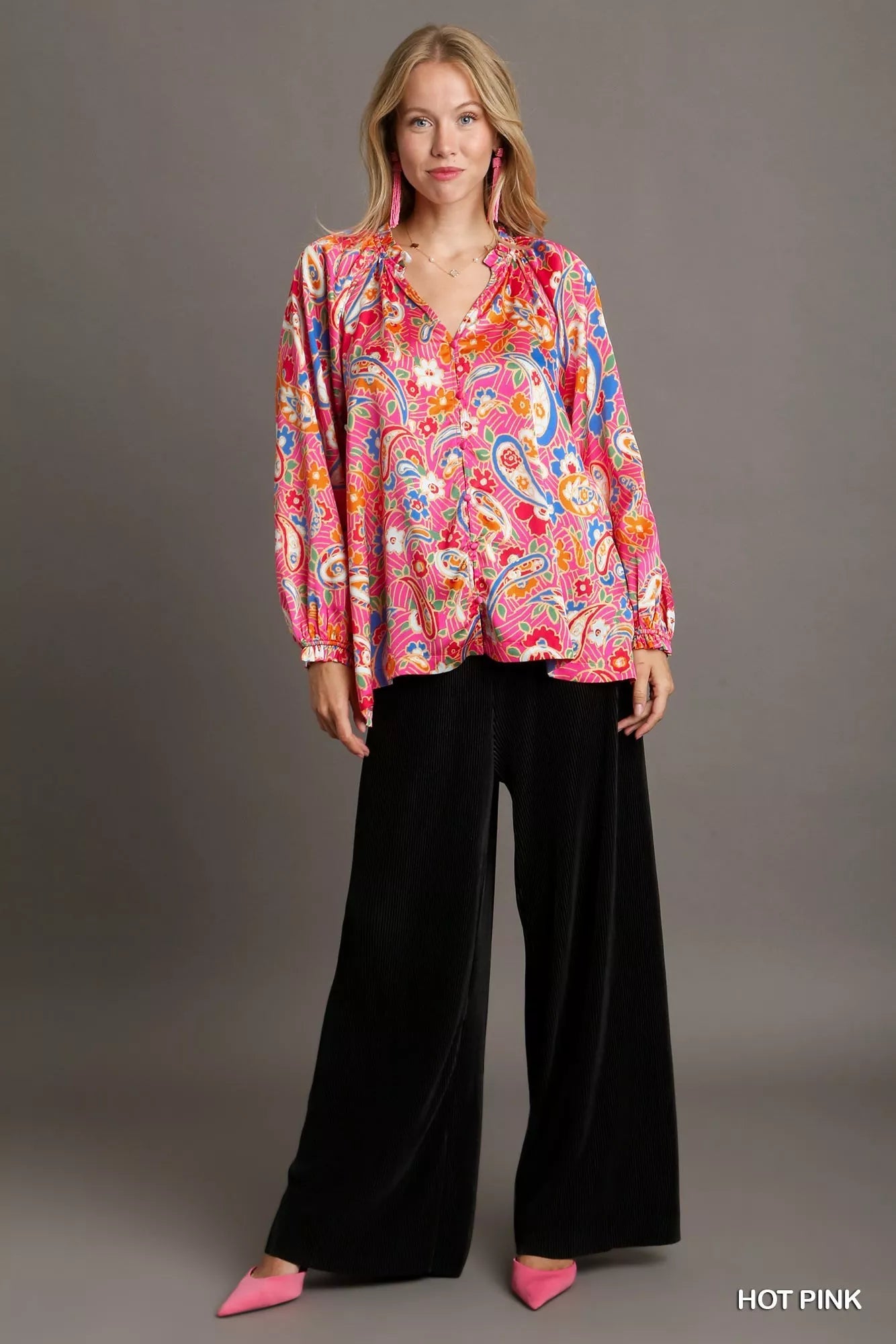 Plus size pink satin paisley ruffle neck button-up shirt by Umgee, featuring a stylish design and full-size fit.