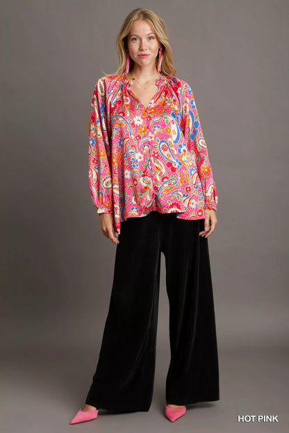 Plus size pink satin paisley ruffle neck button-up shirt by Umgee, featuring a stylish design and full-size fit.