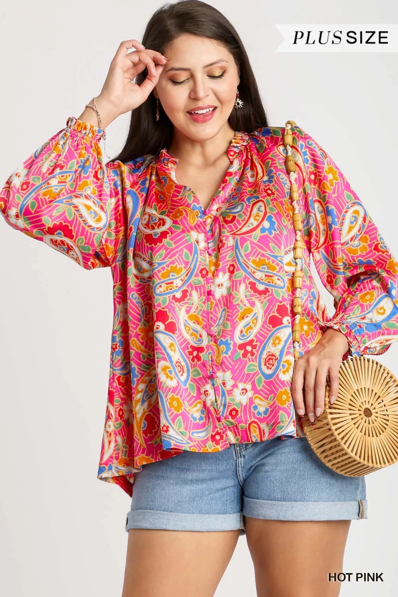 Trendsi Umgee plus size satin paisley ruffle neck button-up shirt in hot pink, full size, with elegant ruffle detail and button closure.