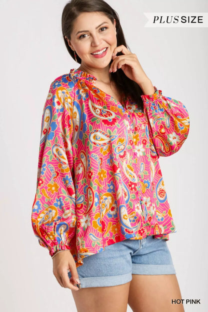 Trendi Plus Size Umgee satin paisley ruffle-neck button-up shirt in hot pink, full size, stylish and comfortable.
